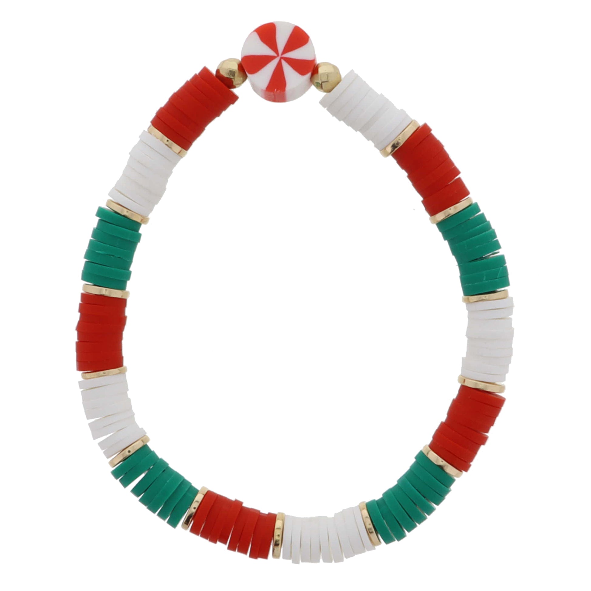 Kids Colorblock Red, White, Green Rubber Sequin with Rubber Peppermint Bead Bracelet, .35" Pendants