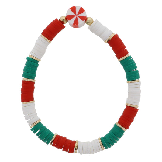 Kids Colorblock Red, White, Green Rubber Sequin with Rubber Peppermint Bead Bracelet, .35" Pendants