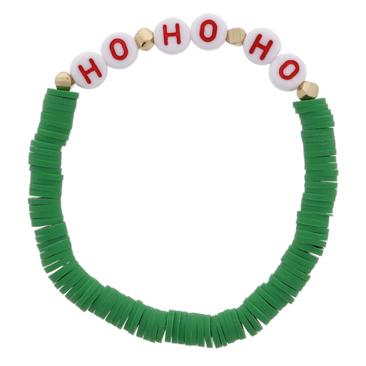 Kids Green Rubber Sequin with "HO HO HO" and Gold Spacers Bracelet, .25" Pendants