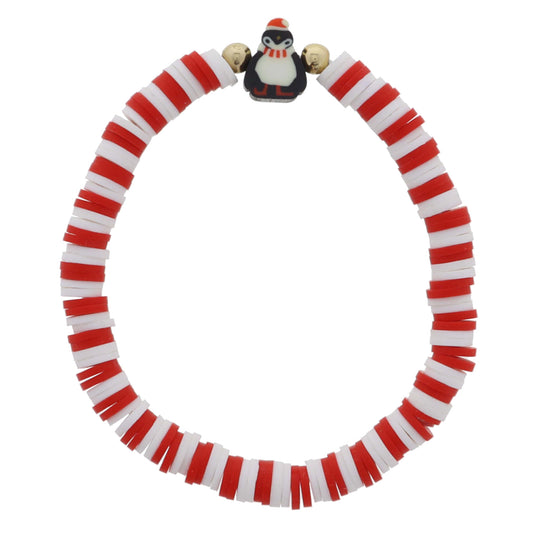 Kids Red and White Rubber Sequin with Rubber Penguin Bead Bracelet, .5" Pendants
