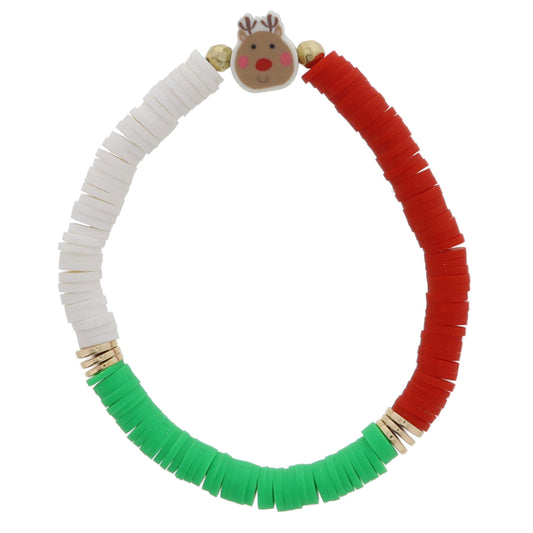 Kids Colorblock Red, Green, White Portions with Gold Spacers & Reindeer Bead Bracelet, .5" Pendants