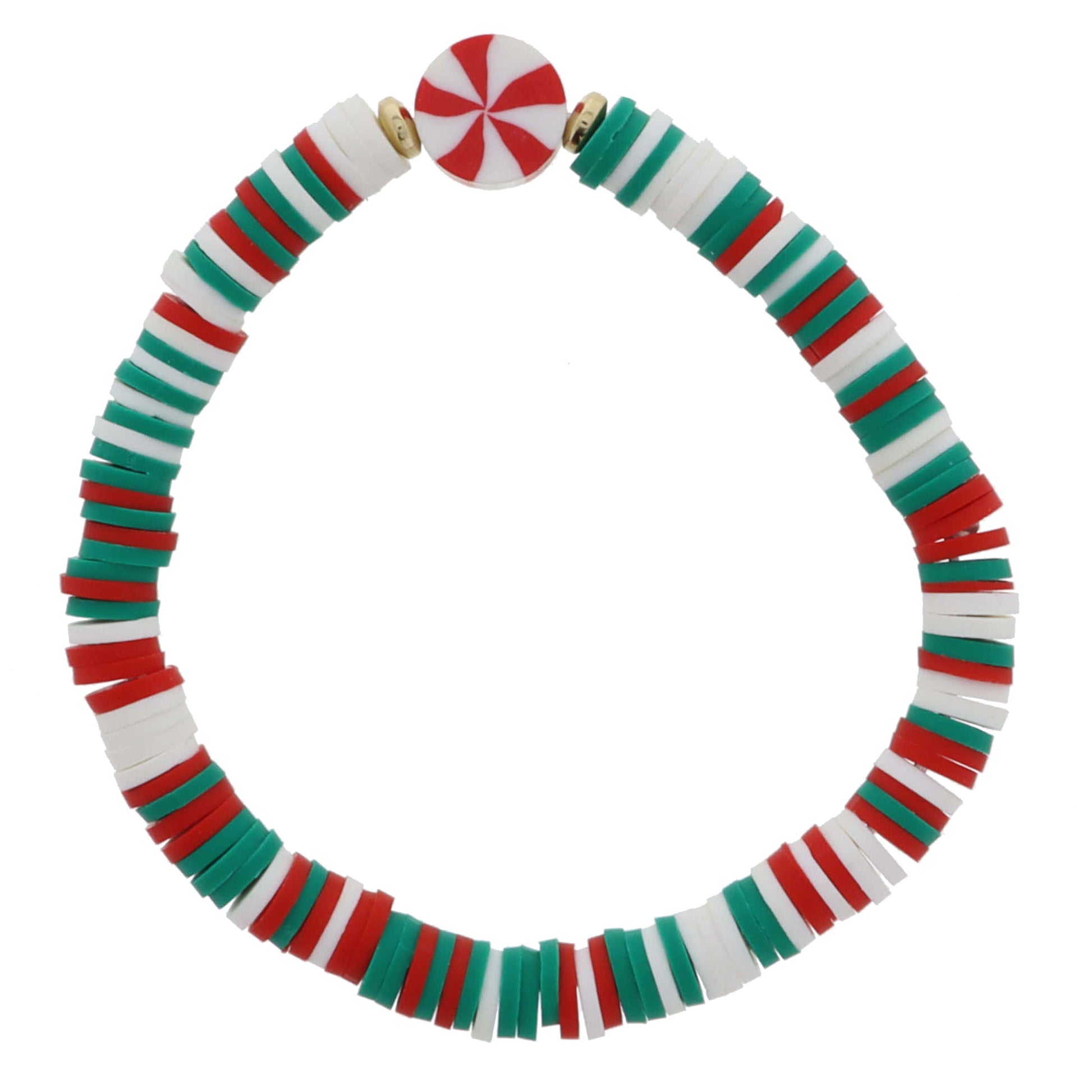 Kids Multi Green, White, Red Rubber Sequin with Rubber Peppermint Bead Bracelet, .35" Pendants