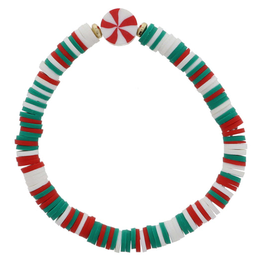 Kids Multi Green, White, Red Rubber Sequin with Rubber Peppermint Bead Bracelet, .35" Pendants
