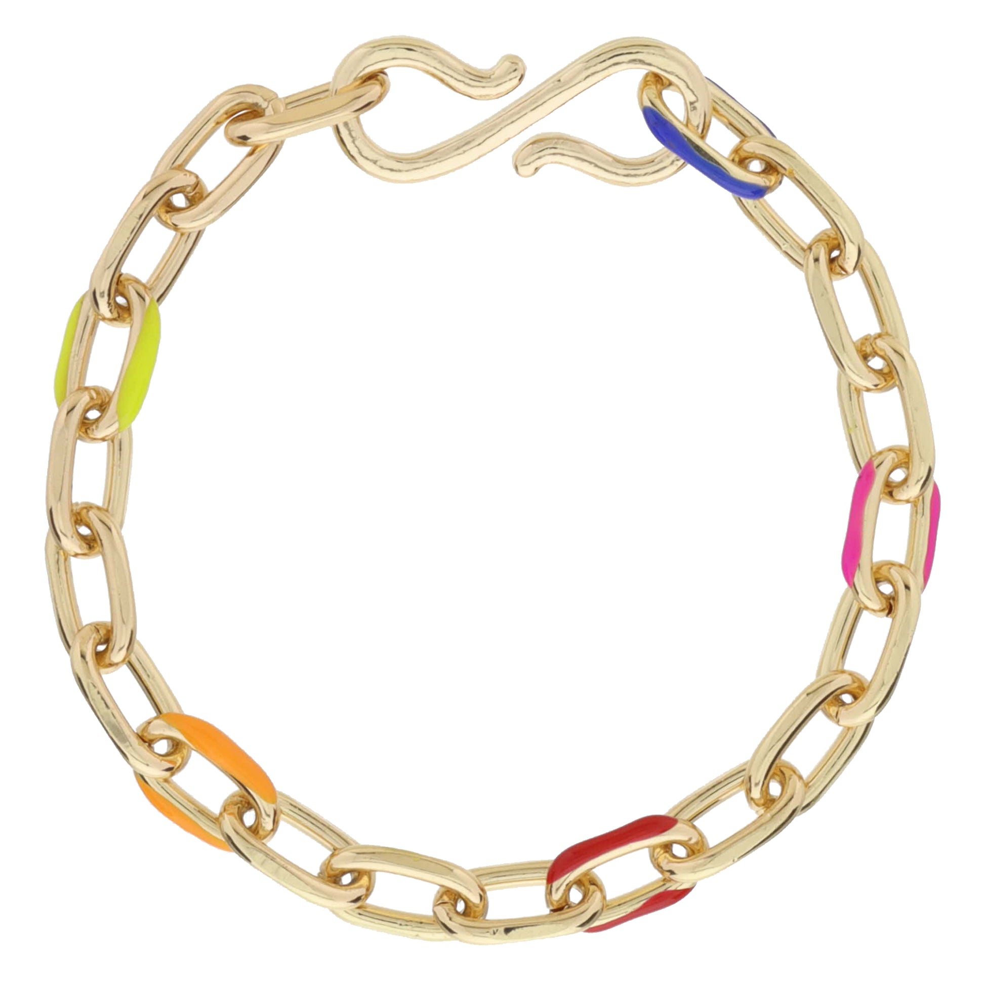 Gold Cable Chain with Multi Enamel Station Links Bracelet, S-Hook Closure