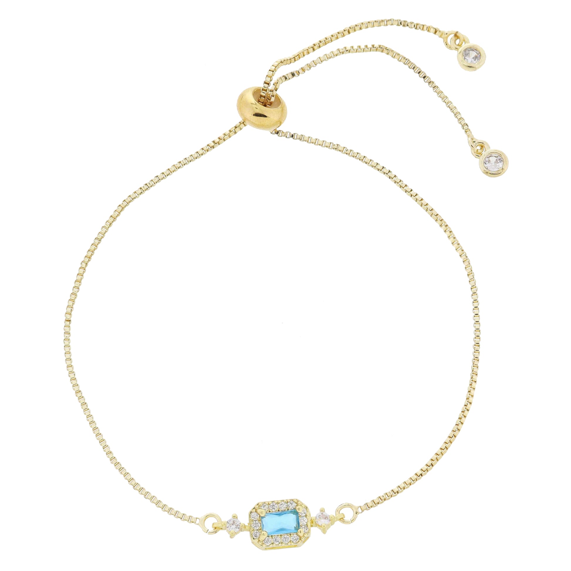 18K Gold Plated Aquamarine Baguette with Crystal Outline & Crystal Links Bracelet, .25" Pendant