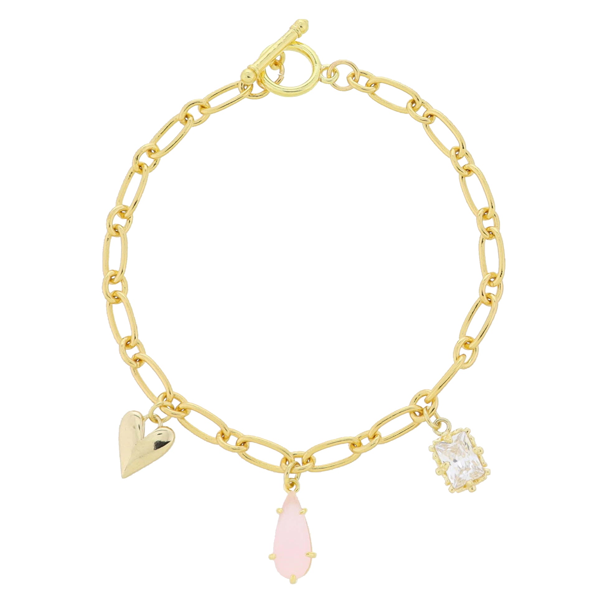 18K Gold Plated Heart, Pink Teardrop, Emerald Crystal Charms Bracelet, .5", .5", .35" Pendants