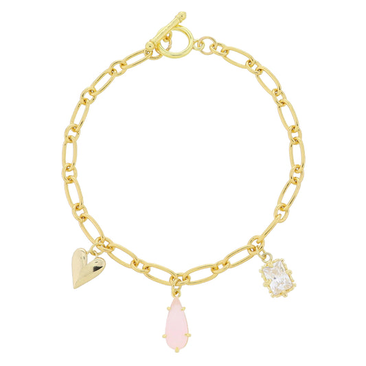 18K Gold Plated Heart, Pink Teardrop, Emerald Crystal Charms Bracelet, .5", .5", .35" Pendants