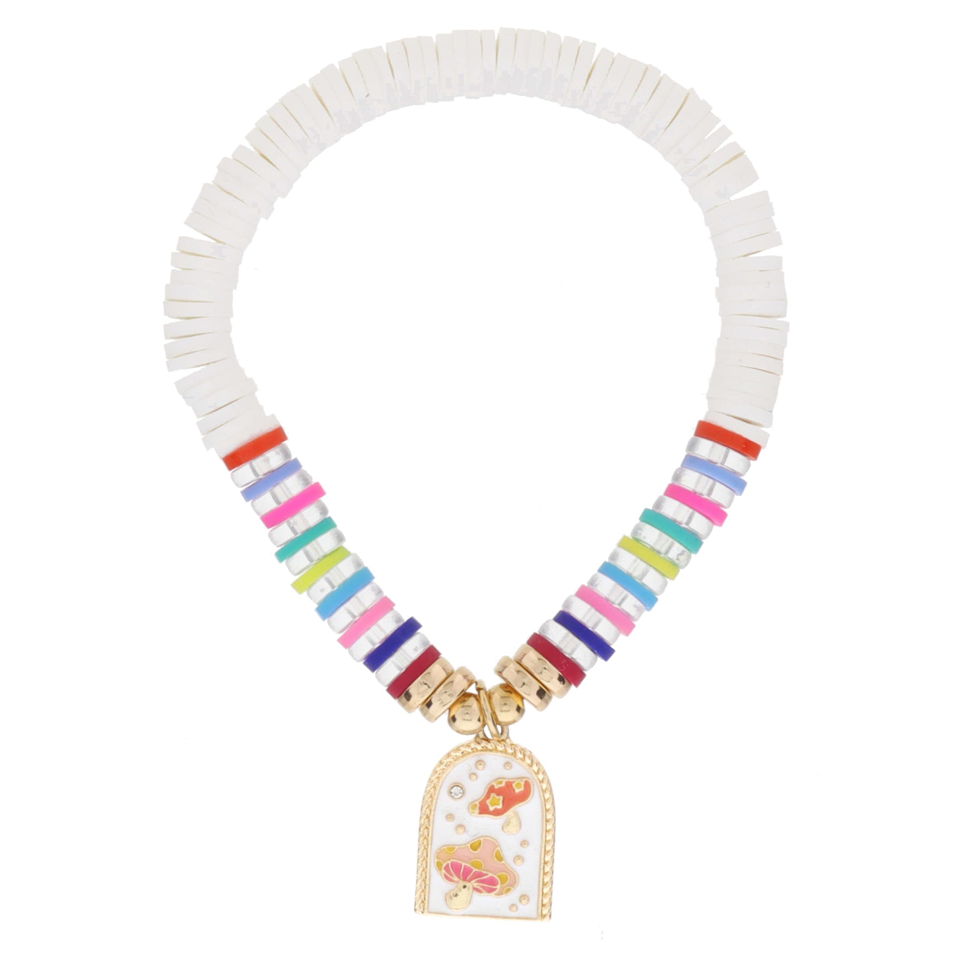 Kids White & Multi Enamel Mushrooms on White with Multi Sequin Portion Bracelet, .65" Pendant
