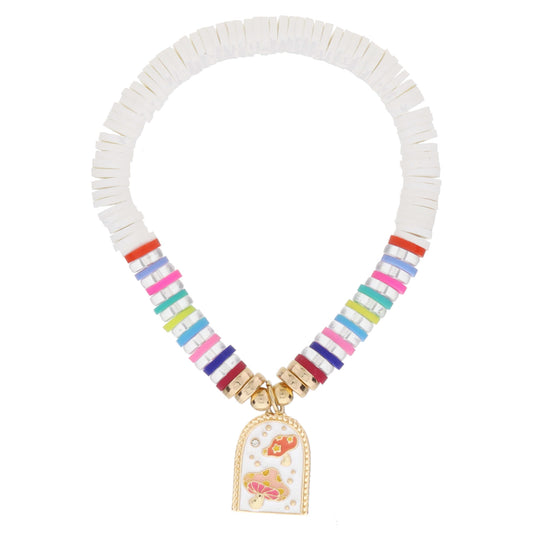 Kids White & Multi Enamel Mushrooms on White with Multi Sequin Portion Bracelet, .65" Pendant