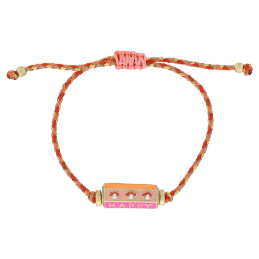 Kids 6-Sided Enamel Cylinder Bar, Red Mushrooms, "HAPPY", Orange Bracelet, .35" x .85" Pendant