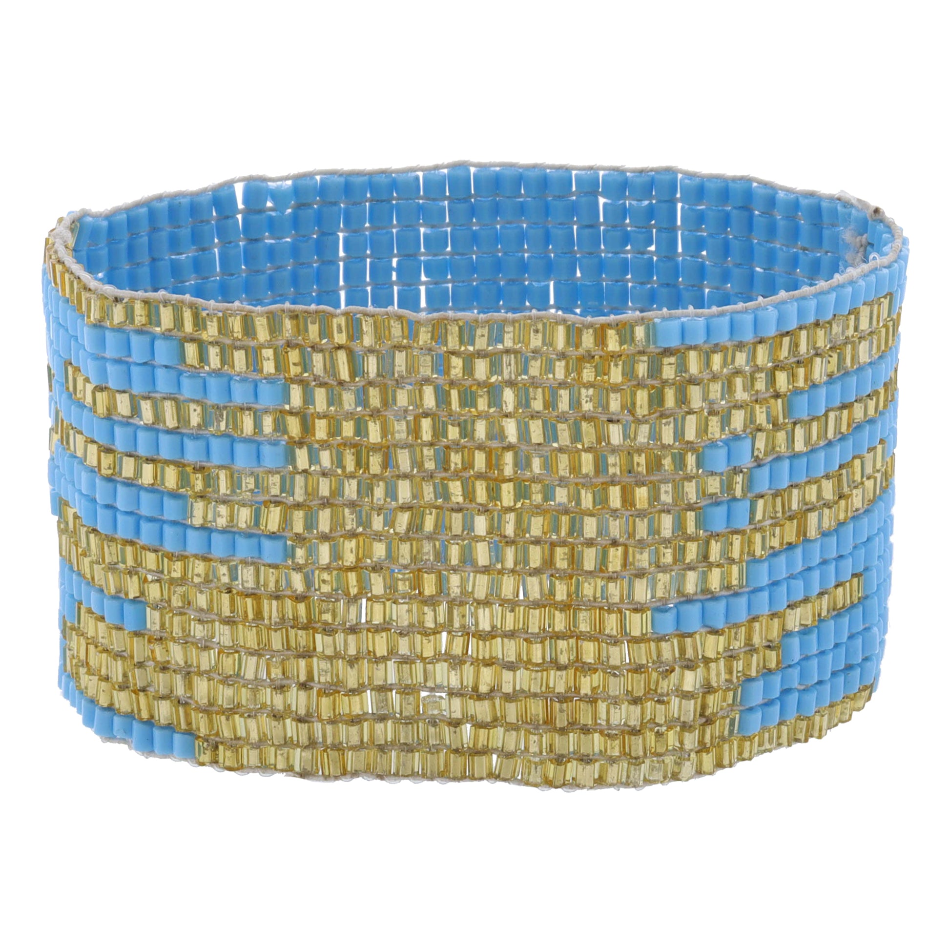 Light Blue with Dispersed Gold Beaded Stretch Band Bracelet, 1.5" Wide