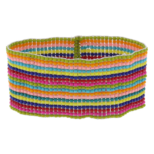 Horizontal Multi Rainbow Beaded Stretch Band Bracelet, 1.25" Wide