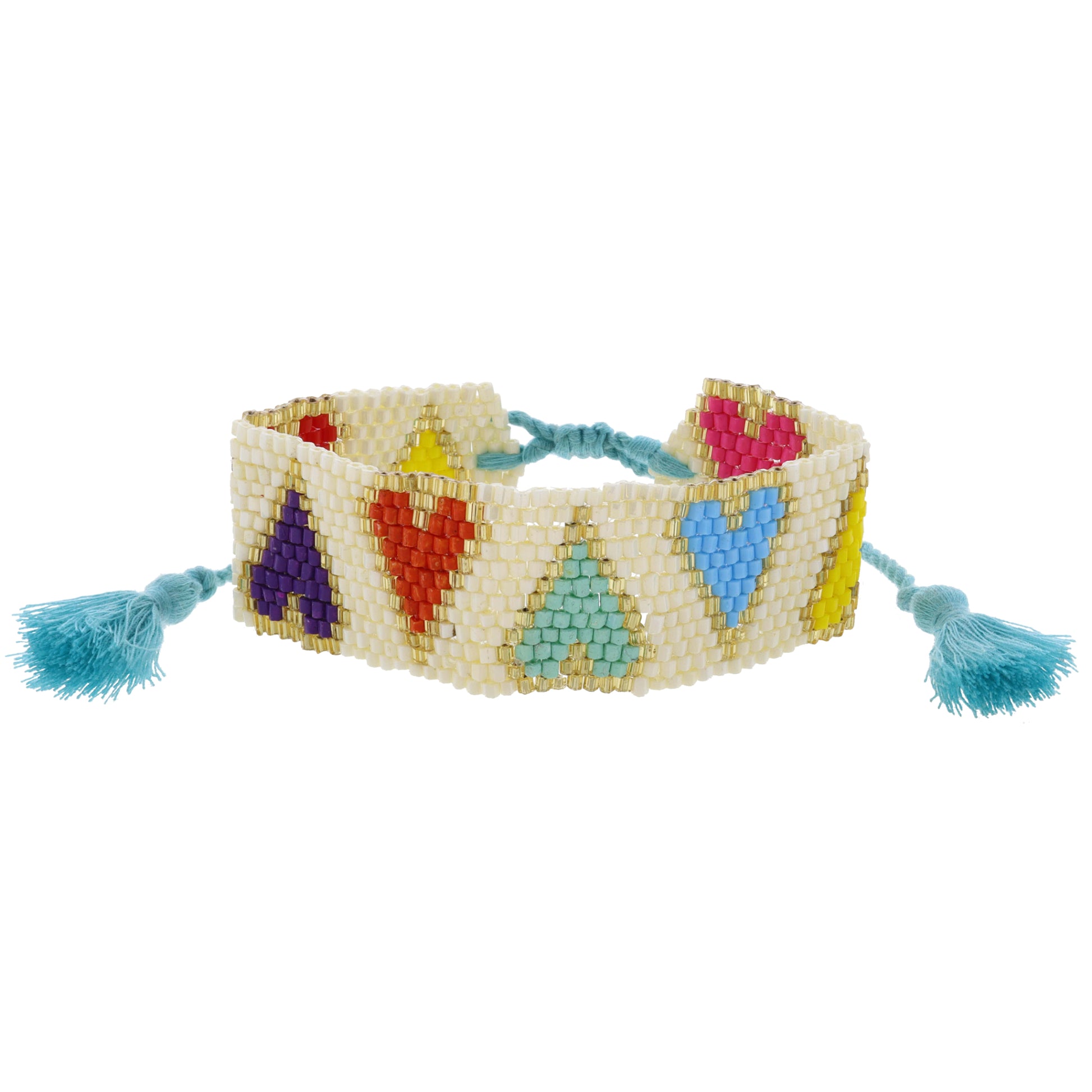 Ivory with Gold and Multi Hearts Beaded Band Bracelet, 1" Wide