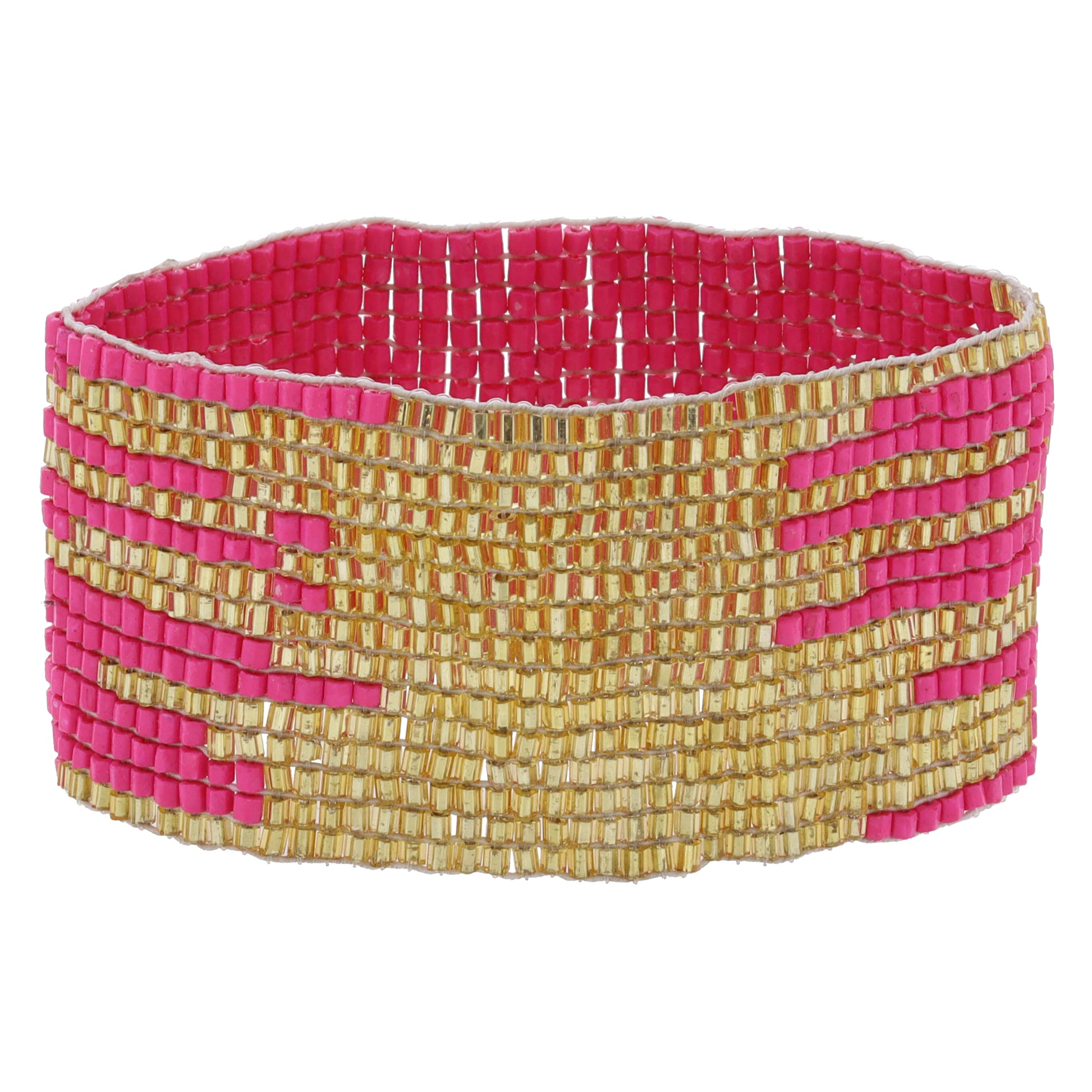 Hot Pink with Dispersed Gold Beaded Stretch Band Bracelet, 1.5" Wide