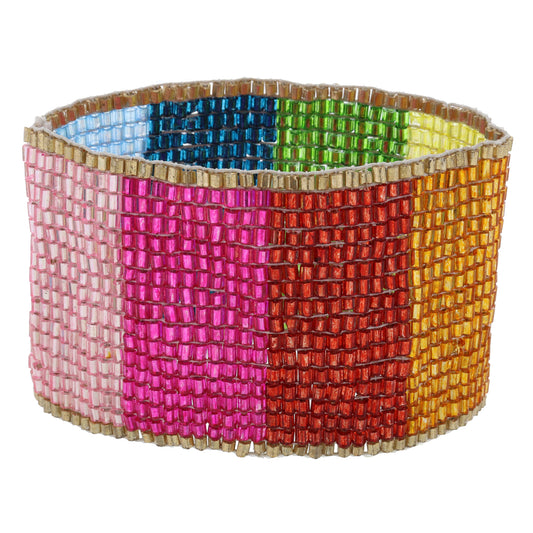 Gold and Shiny Rainbow Colorblock Beaded Stretch Band Bracelet, 1.75" Wide