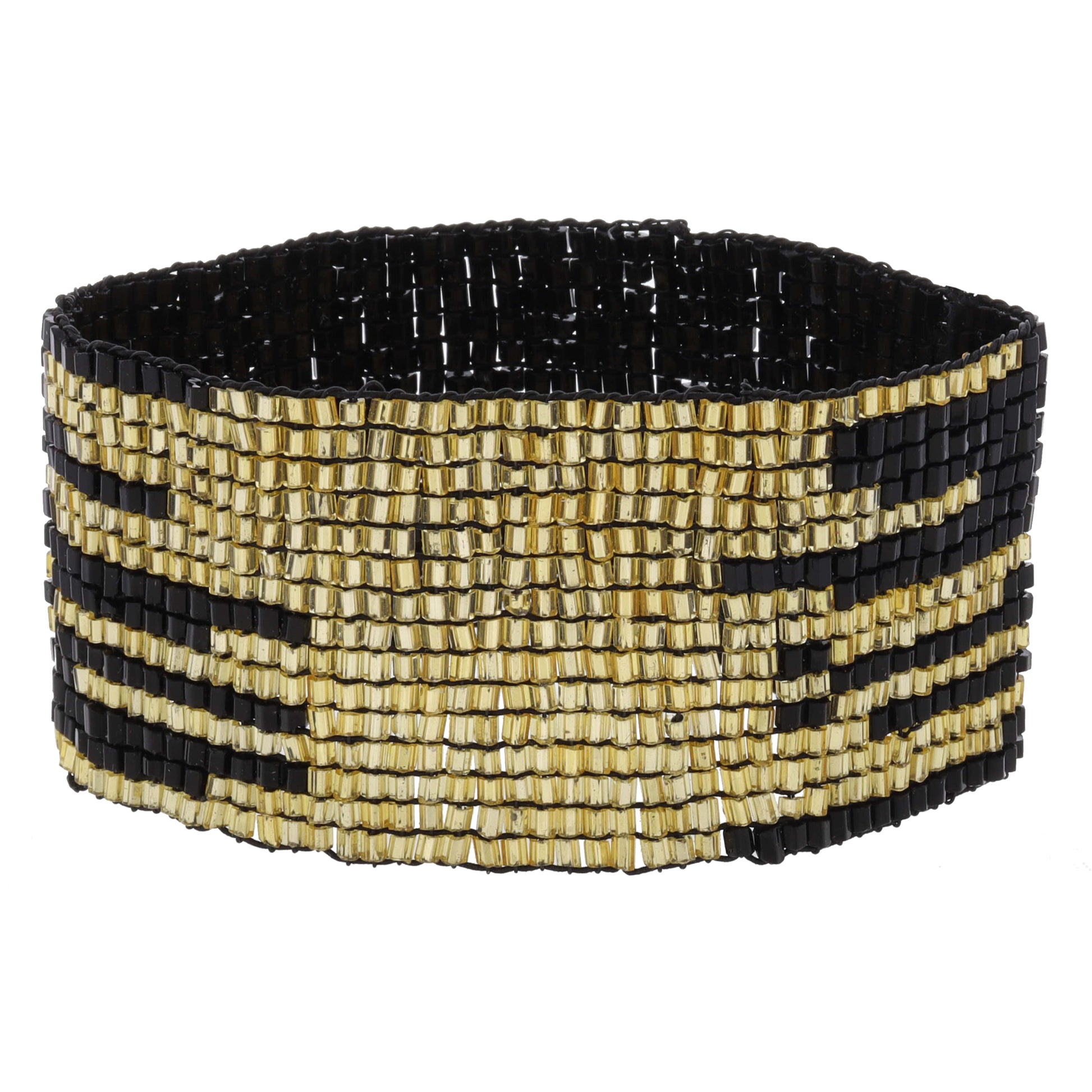 Black with Dispersed Gold Beaded Stretch Band Bracelet, 1.5" Wide