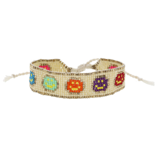 Ivory with Gold and Multi Happy Faces Beaded Band Bracelet, .75" Wide