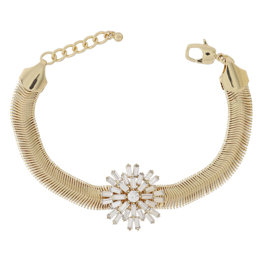 Large Gold Herringbone Chain with Large Clear Crystal Decorative Burst Bracelet, 1" Wide