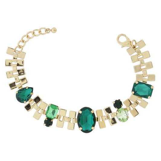 Decorative Gold Chain with Green Crystal Embellishments Bracelet, .5", .65", .75", .65", .5" Wide