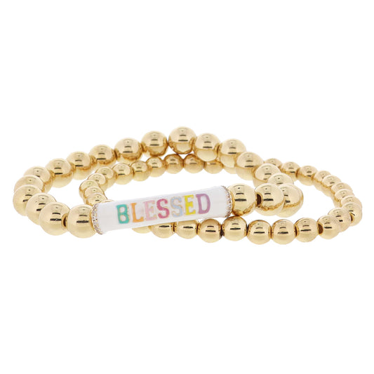Set of 2, Gold Ball, White & Multi "BLESSED" Bar with Crystals on Gold Ball Bracelet, 8" Around