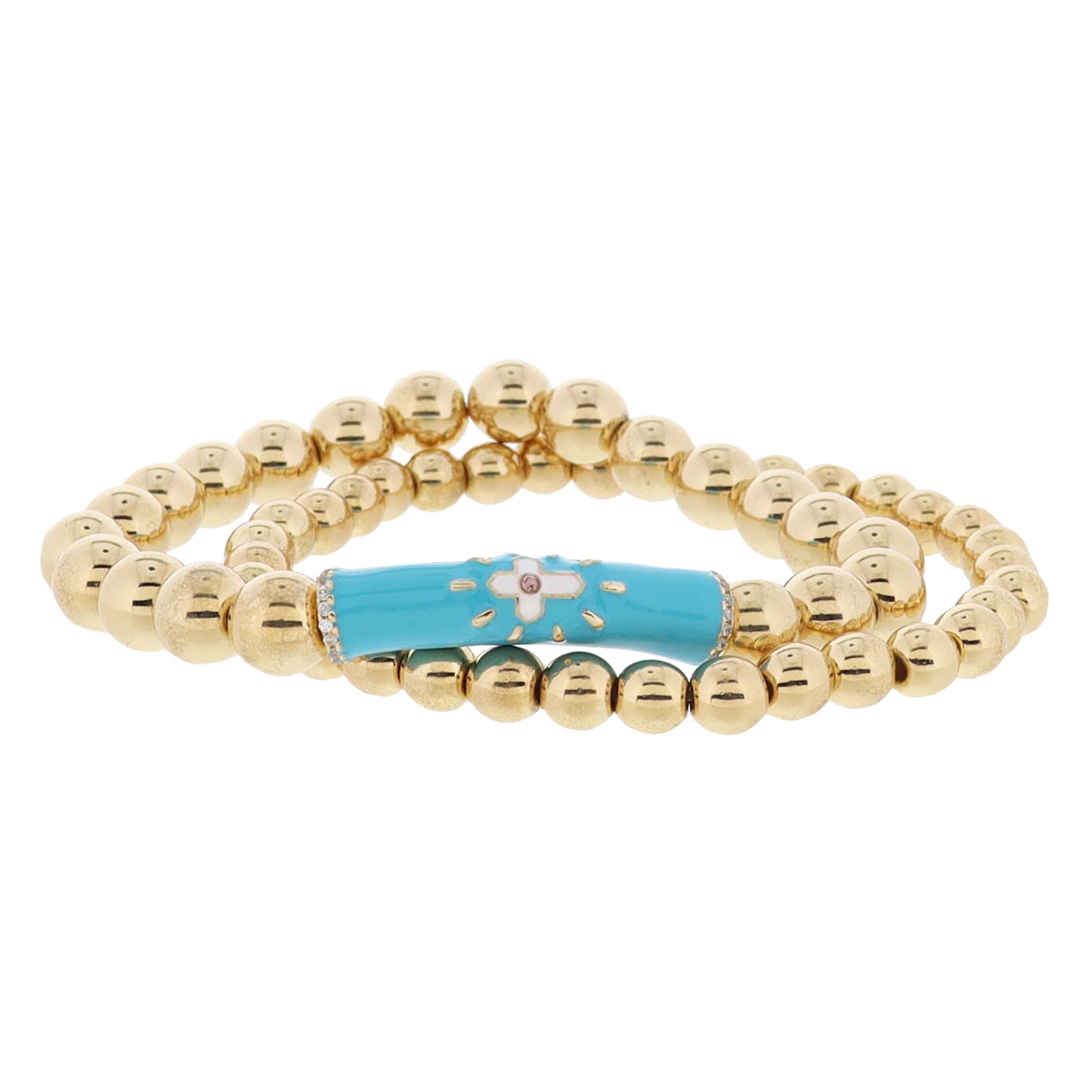 Set of 2, Gold Ball, Turquoise Cross, Pink Crystal Bar & Crystals on Gold Ball Bracelet, 8" Around