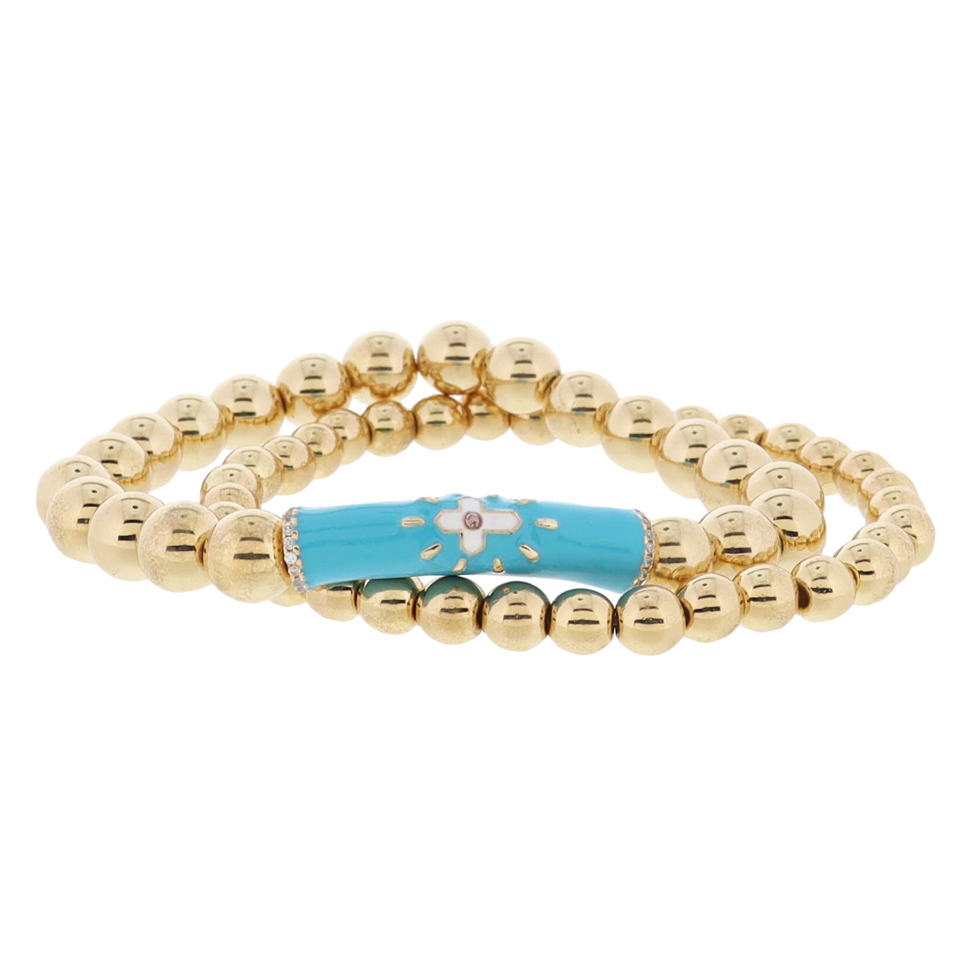 Set of 2, Gold Ball, Turquoise Cross, Pink Crystal Bar & Crystals on Gold Ball Bracelet, 8" Around