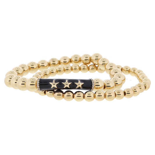 Set of 2, Gold Ball, Black with Gold Stars Bar with Crystal Accent on Gold Ball Bracelet, 8" Around