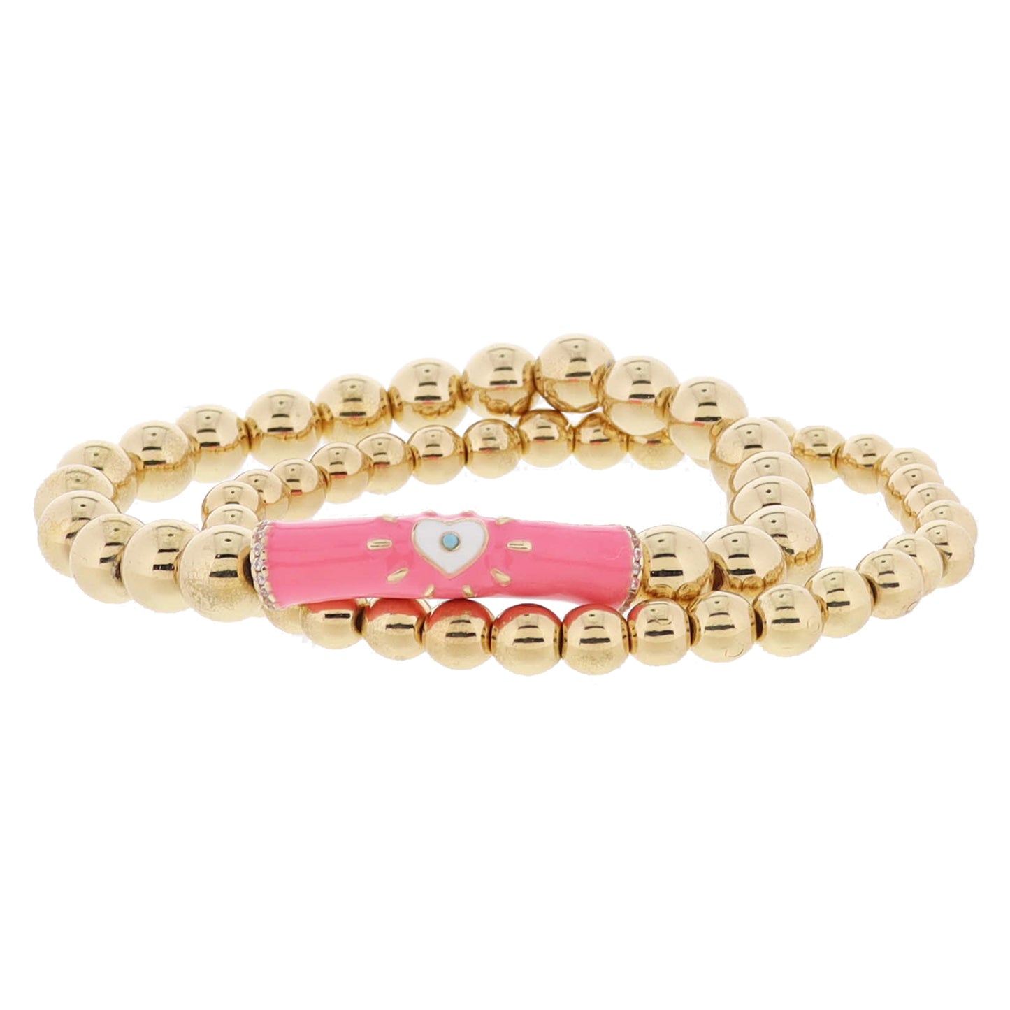 Set of 2, Gold Ball, Pink & White Heart, Mint Crystal Bar on Gold Ball Bracelet, 8" Around