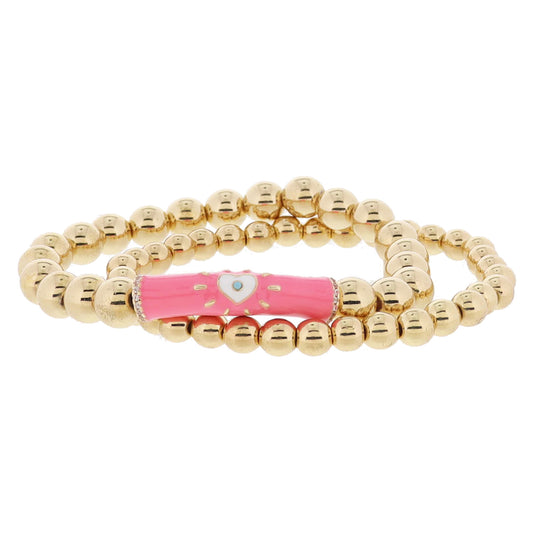 Set of 2, Gold Ball, Pink & White Heart, Mint Crystal Bar on Gold Ball Bracelet, 8" Around
