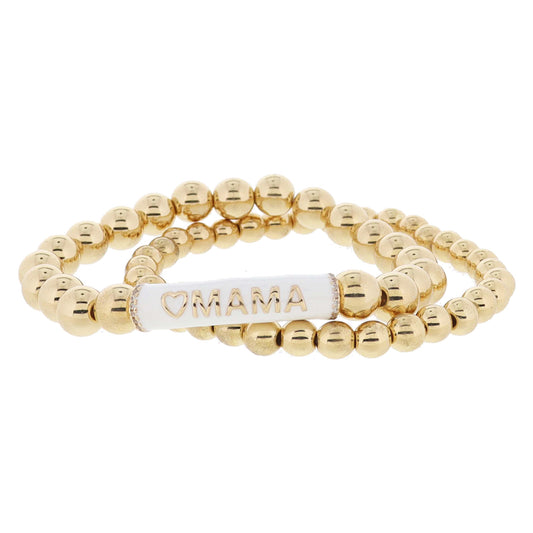 Set of 2, Gold Ball, White Enamel "?MAMA" Bar with Crystal Accents on Gold Ball Bracelet, 8" Around