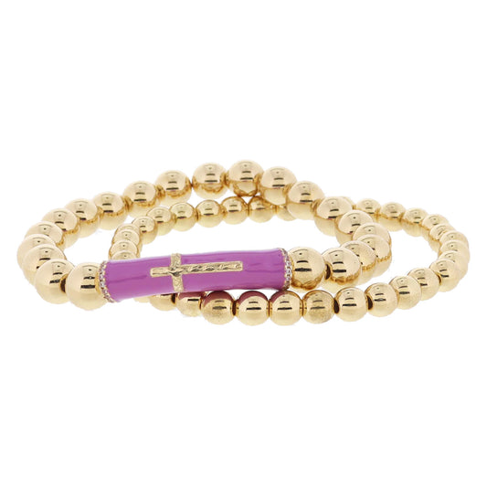 Set of 2, Gold Ball, Purple Enamel with Cross Bar, Crystal Accents on Gold Ball Bracelet, 8" Around