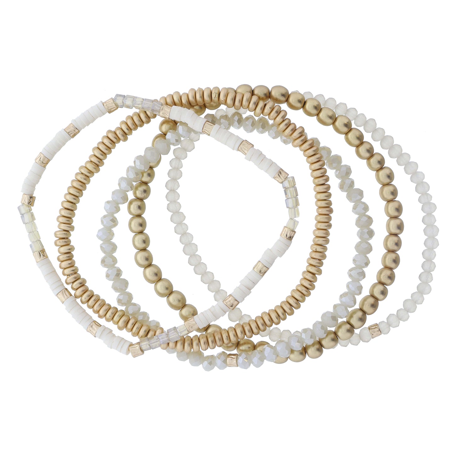 Set of 5 Coordinating Ivory, Beige, Gold Beaded Bracelets, 8" Around
