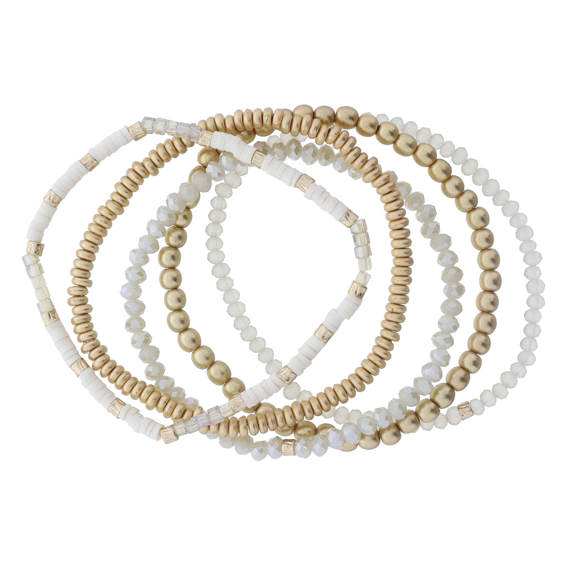 Set of 5 Coordinating Ivory, Beige, Gold Beaded Bracelets, 8" Around