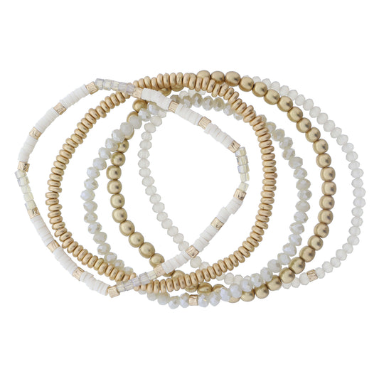 Set of 5 Coordinating Ivory, Beige, Gold Beaded Bracelets, 8" Around