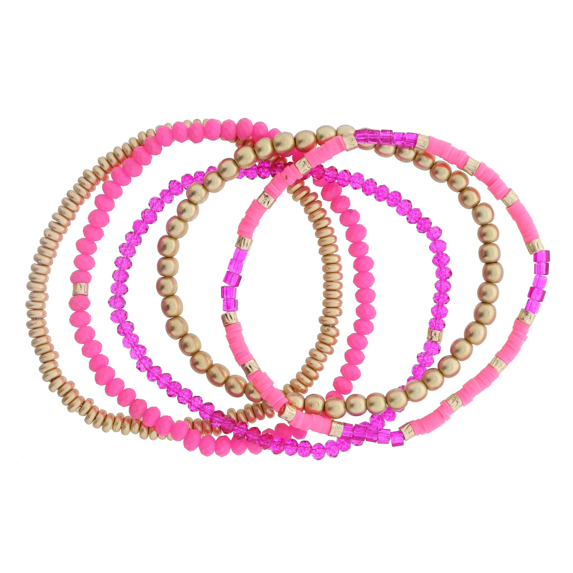 Set of 5 Coordinating Hot Pink, Pink, Gold Beaded Bracelets, 8" Around