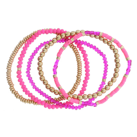 Set of 5 Coordinating Hot Pink, Pink, Gold Beaded Bracelets, 8" Around