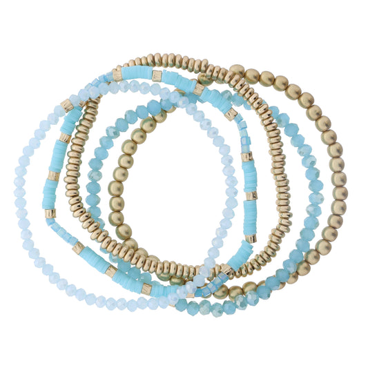 Set of 5 Coordinating Turquoise, Blue, Gold Beaded Bracelets, 8" Around