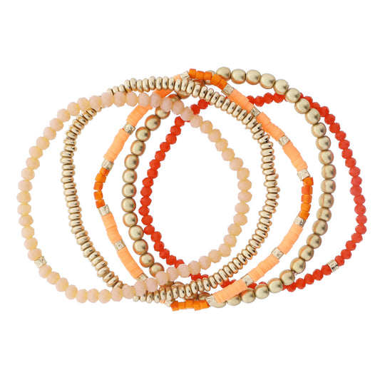 Set of 5 Coordinating Coral, Orange, Gold Beaded Bracelets, 8" Around