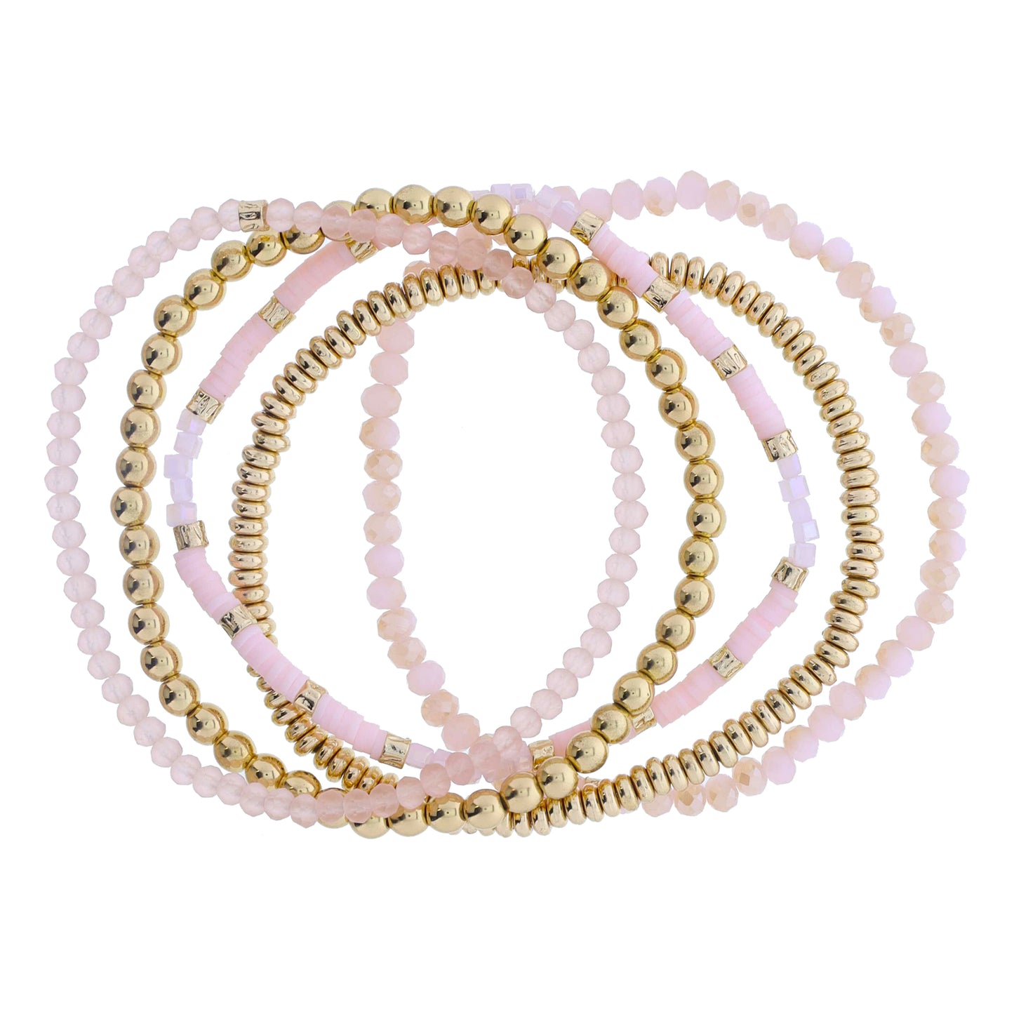 Set of 5 Coordinating Light Pink, Rose, Gold Beaded Bracelets, 8" Around