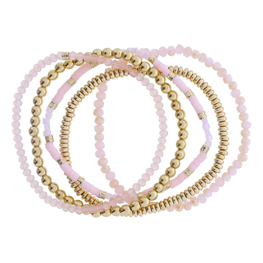 Set of 5 Coordinating Light Pink, Rose, Gold Beaded Bracelets, 8" Around