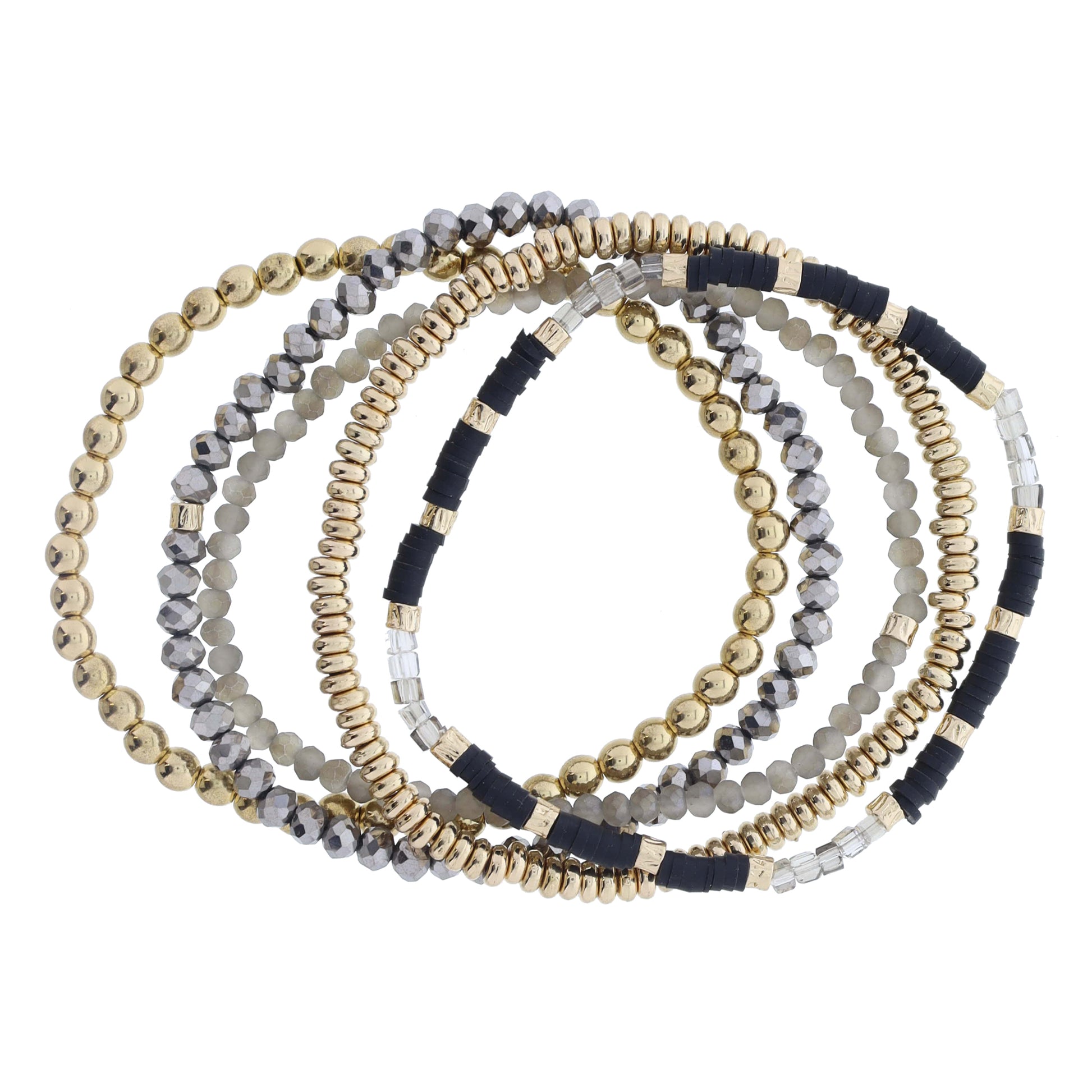 Set of 5 Coordinating Black, Greige, Gold Beaded Bracelets, 8" Around