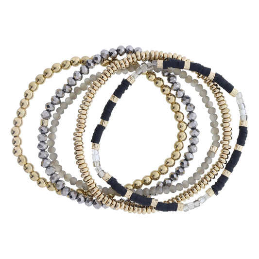Set of 5 Coordinating Black, Greige, Gold Beaded Bracelets, 8" Around