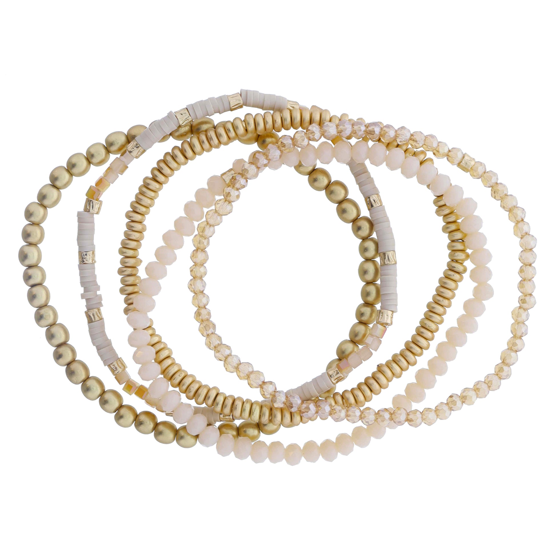Set of 5 Coordinating Champagne, Natural, Gold Beaded Bracelets, 8" Around