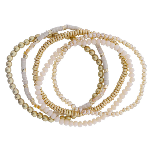 Set of 5 Coordinating Champagne, Natural, Gold Beaded Bracelets, 8" Around