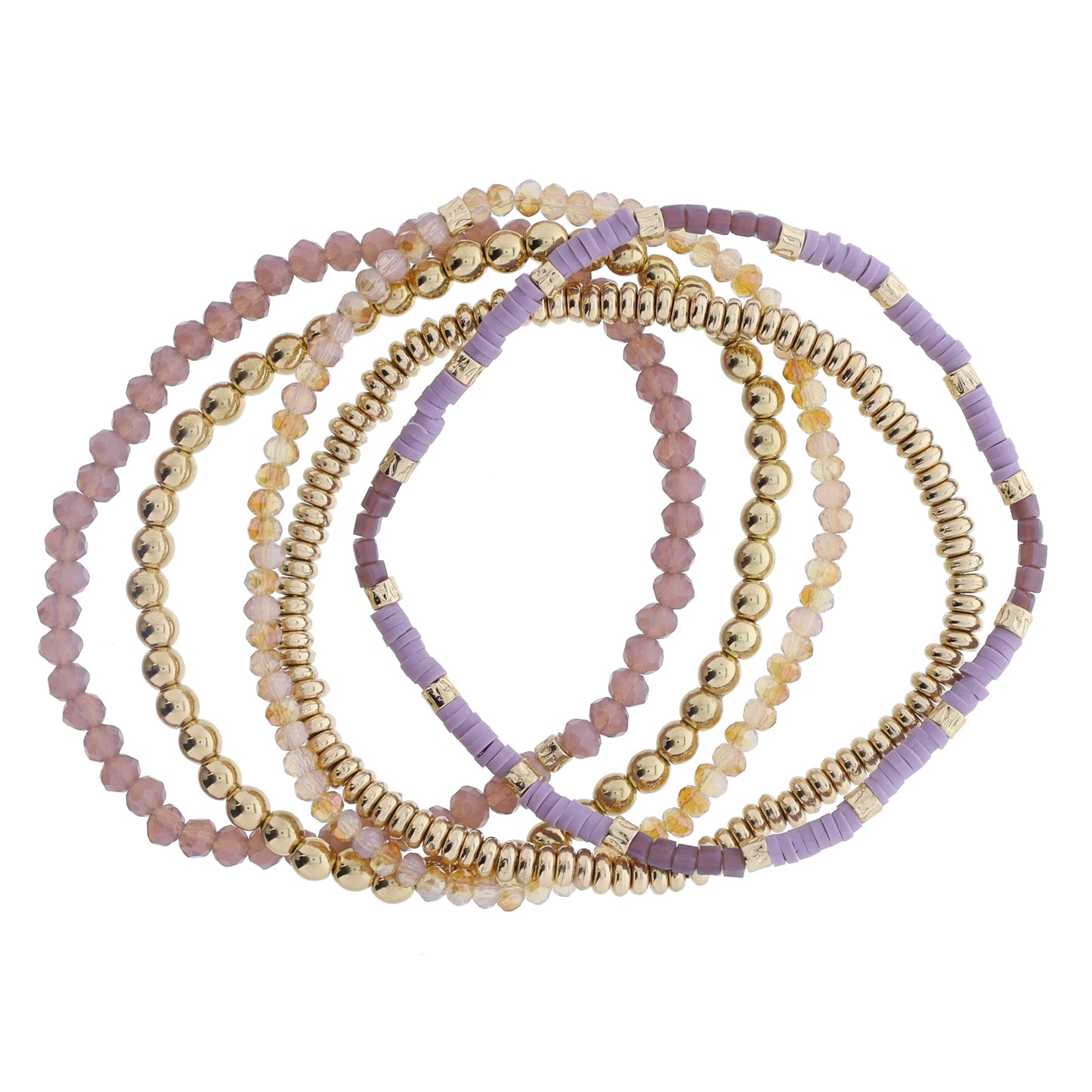 Set of 5 Coordinating Purple, Dusty Lavender, Gold Beaded Bracelets, 8" Around