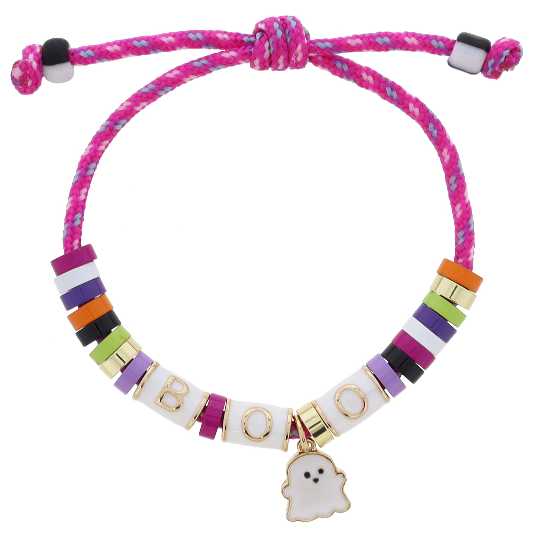 Kids Adj. Gold & White "SPOOKY" Cylinder Beads with Multi Beads & Star Bracelet, Pulley Closure