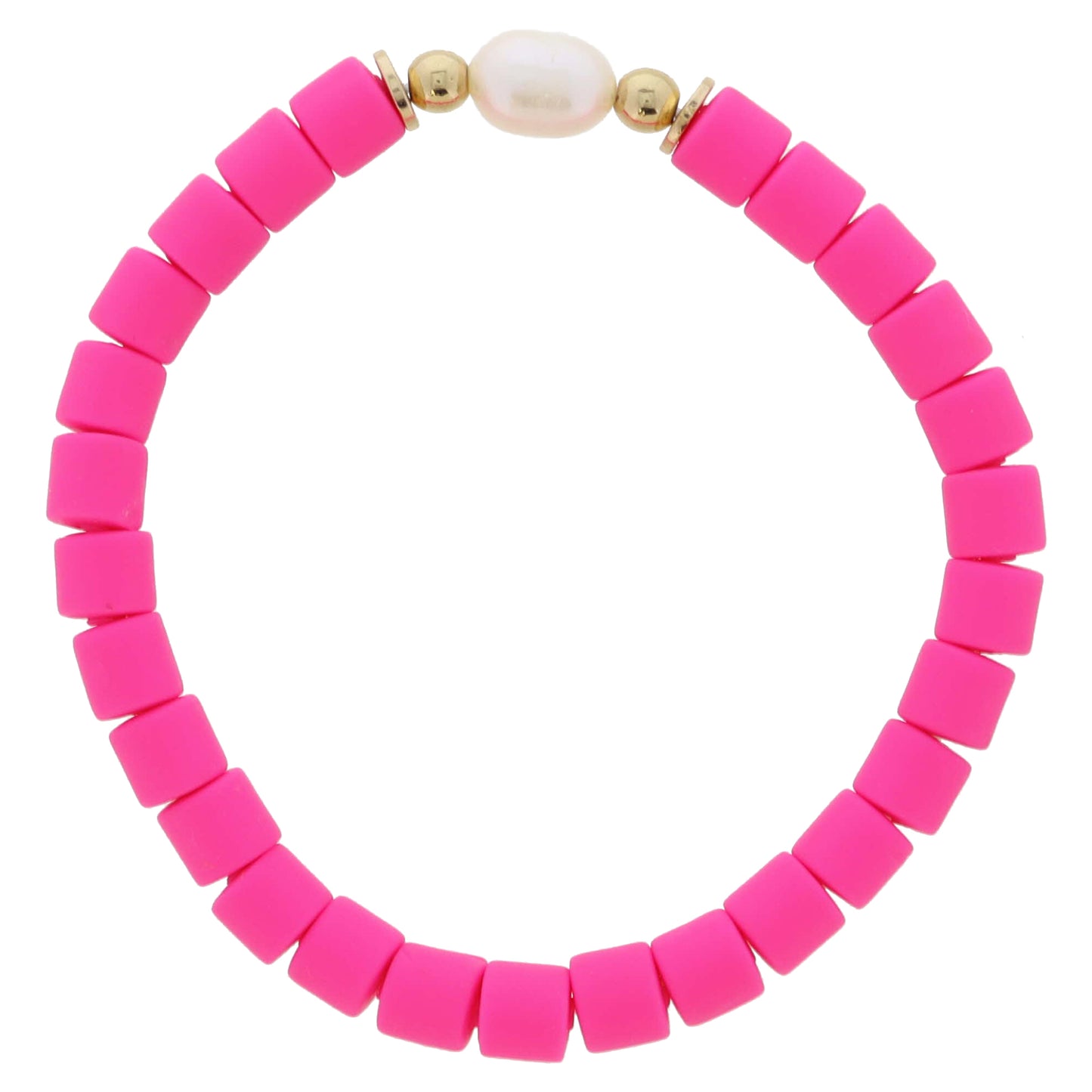 Hot Pink Rubber Cylinder Beaded with Pearl and Gold Bead Accents Bracelet, 7.5" Around