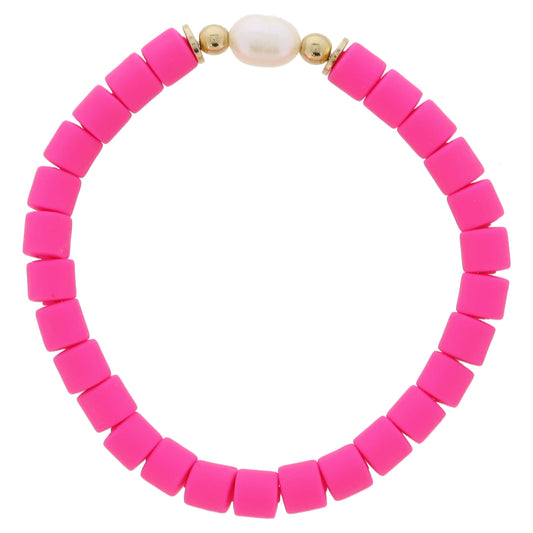Hot Pink Rubber Cylinder Beaded with Pearl and Gold Bead Accents Bracelet, 7.5" Around