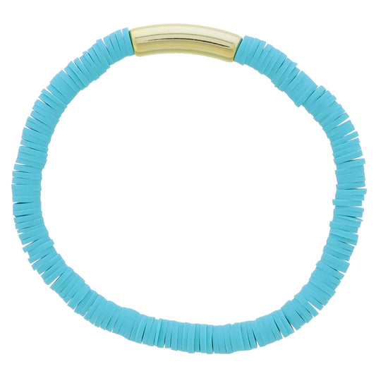 Turquoise Rubber Sequin Beaded with Tubular Gold Bar Bracelet, 7.5" Around
