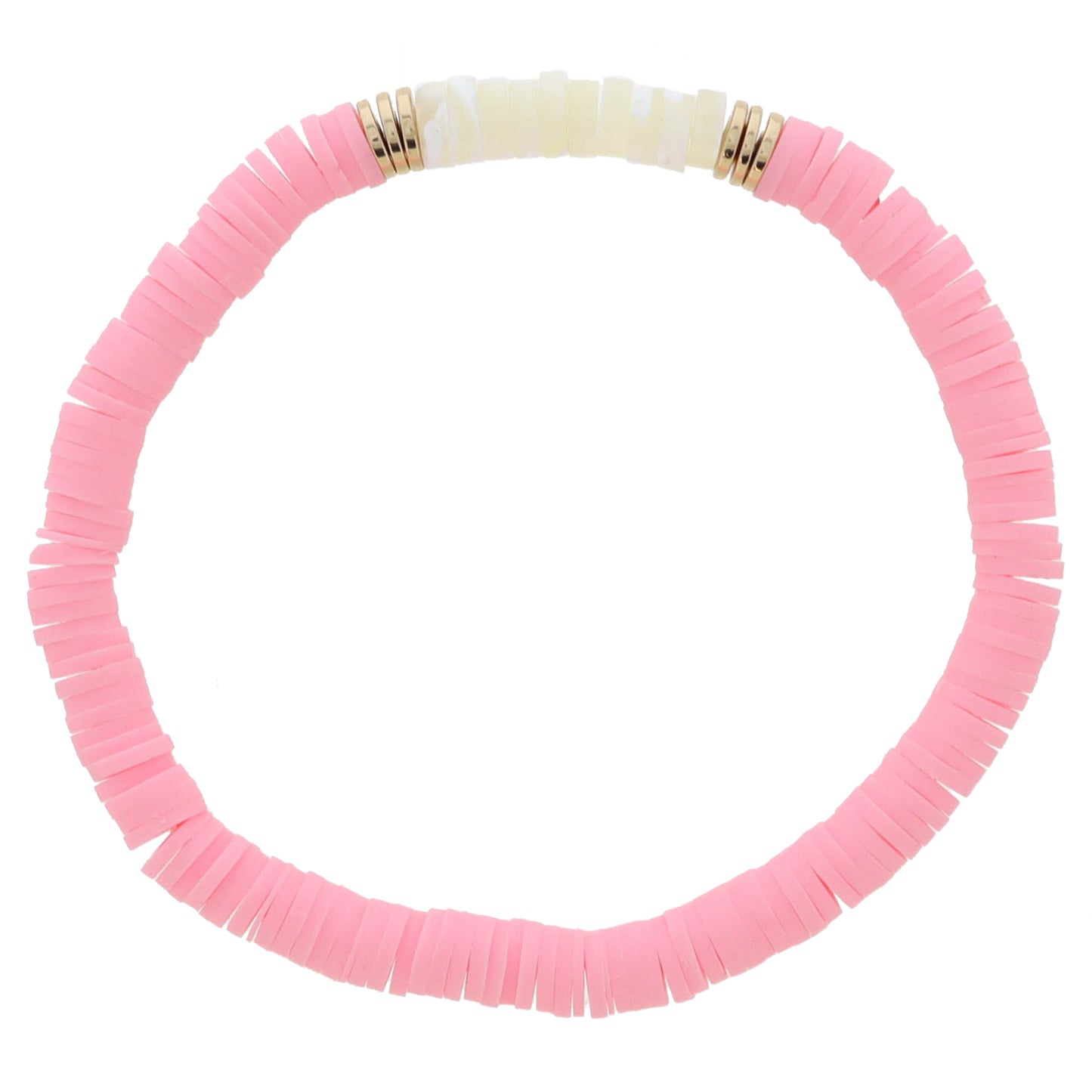 Pink Rubber Sequin Beaded with Cylinder Shell Beads and Gold Sequin Portion Bracelet, 7.5" Around